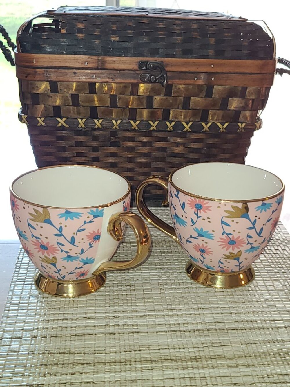 Pair of Aurora Maxwell Int'l Ceramic Porcelain Mugs Blue Pink Gold Tone Trim